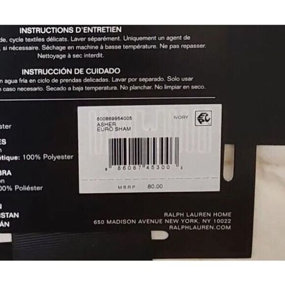 Ralph Lauren ASHER Ivory Cotton Poly Fiberfill Quilted European Euro Pillow Sham - Picture 9 of 9